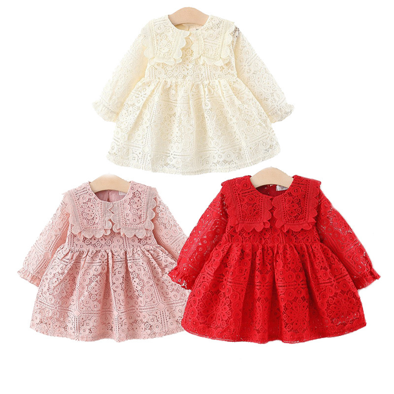 Fuyu Wholesale Children Kids Long Sleeve Lace Dress Boutique Toddler Baby Girl Dresses Formal