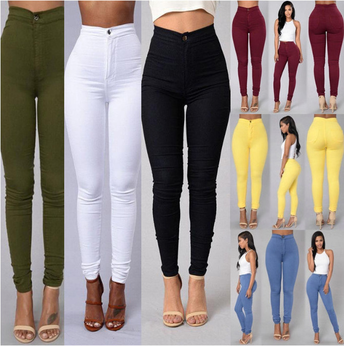 Fuyu New Design Boutique Adult Women Long Jeans Solid Color Pants Elastic Women Denim High-Waist Straight Leggings