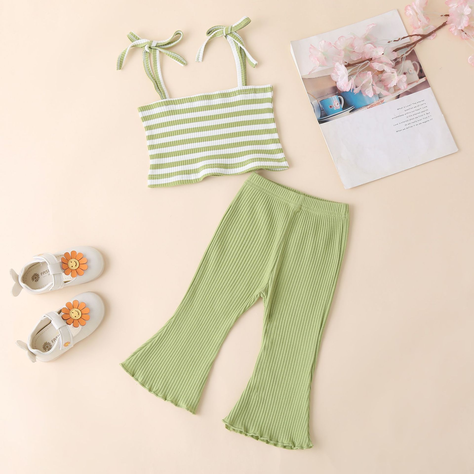 In Stock Solid Striped Ribbed  top & bell bottoms  new born 0-3 month baby girl cloth clothes Summer sets