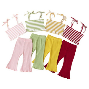 In Stock Solid Striped Ribbed  top & bell bottoms  new born 0-3 month baby girl cloth clothes Summer sets