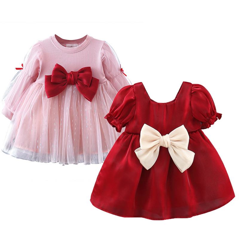 FuYu Hot Selling Girl Winter Dress for Toddler Tutu Dresses Long Sleeve/Short Sleeve with sparkle Tulle Bow Wedding Gown