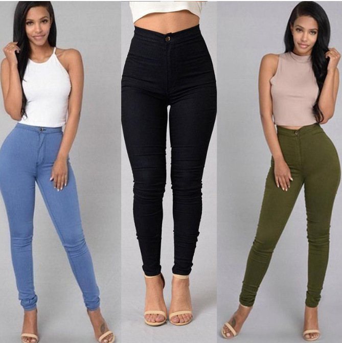 Fuyu New Design Boutique Adult Women Long Jeans Solid Color Pants Elastic Women Denim High-Waist Straight Leggings