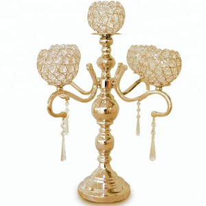 Manufactory wholesale cheap 5 crystal balls gold wedding candle holders