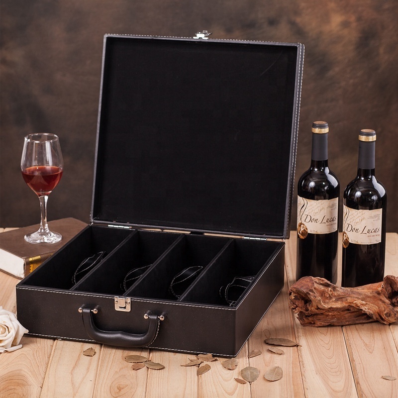 Custom Logo luxury 4 Bottles Black Cardboard leather Packaging Red Wine Gift Boxes