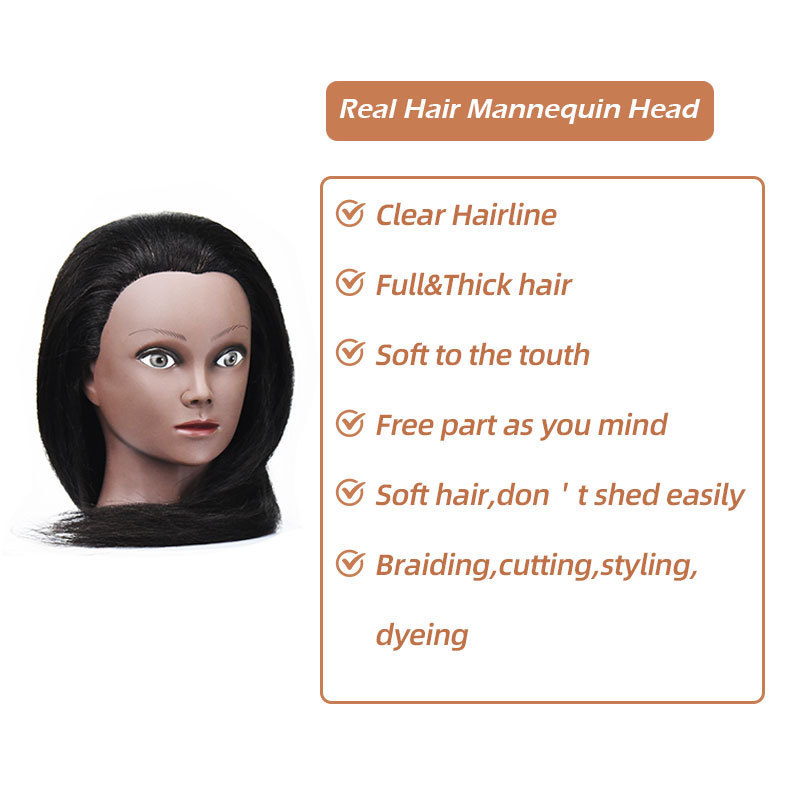 Mannequin Head 100% Human Hair Training Head Manikin Practice Afro Cosmetology Doll Head For Hairdresser with Clamp Stand