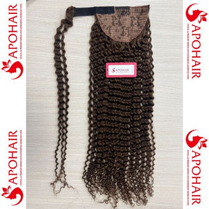 Hot product cuticle aligned Wrap Around Ponytail Human Hair Extension Clip Pony Tail Hair Pieces Curly Dark Brown Ponytails Hair