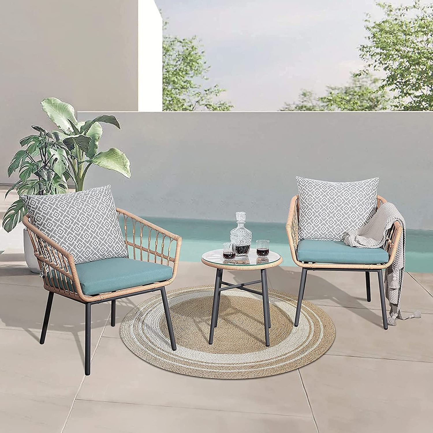 Outdoor Wicker Bistro Rattan Chair Conversation 3 Piece Patio Furniture Set With Coffee Table and Turquoise Cushions