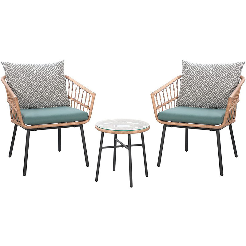 Outdoor Wicker Bistro Rattan Chair Conversation 3 Piece Patio Furniture Set With Coffee Table and Turquoise Cushions