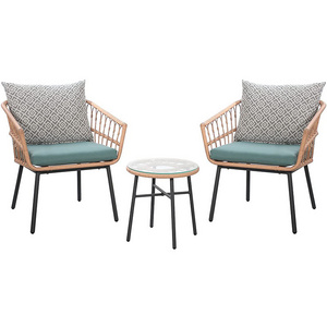 Outdoor Wicker Bistro Rattan Chair Conversation 3 Piece Patio Furniture Set With Coffee Table and Turquoise Cushions