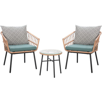 Outdoor Wicker Bistro Rattan Chair Conversation 3 Piece Patio Furniture Set With Coffee Table and Turquoise Cushions