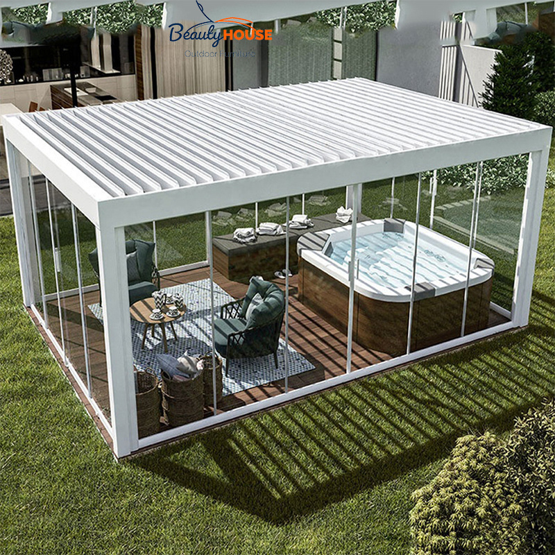 Light Modern Outdoor Waterproof Motorized Bioclimatic Pergola all Aluminum Pergola Gazebo With Blinds Glass Door