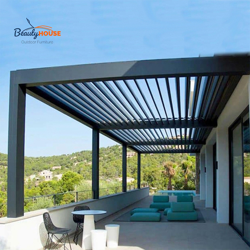 Light Modern Outdoor Waterproof Motorized Bioclimatic Pergola all Aluminum Pergola Gazebo With Blinds Glass Door