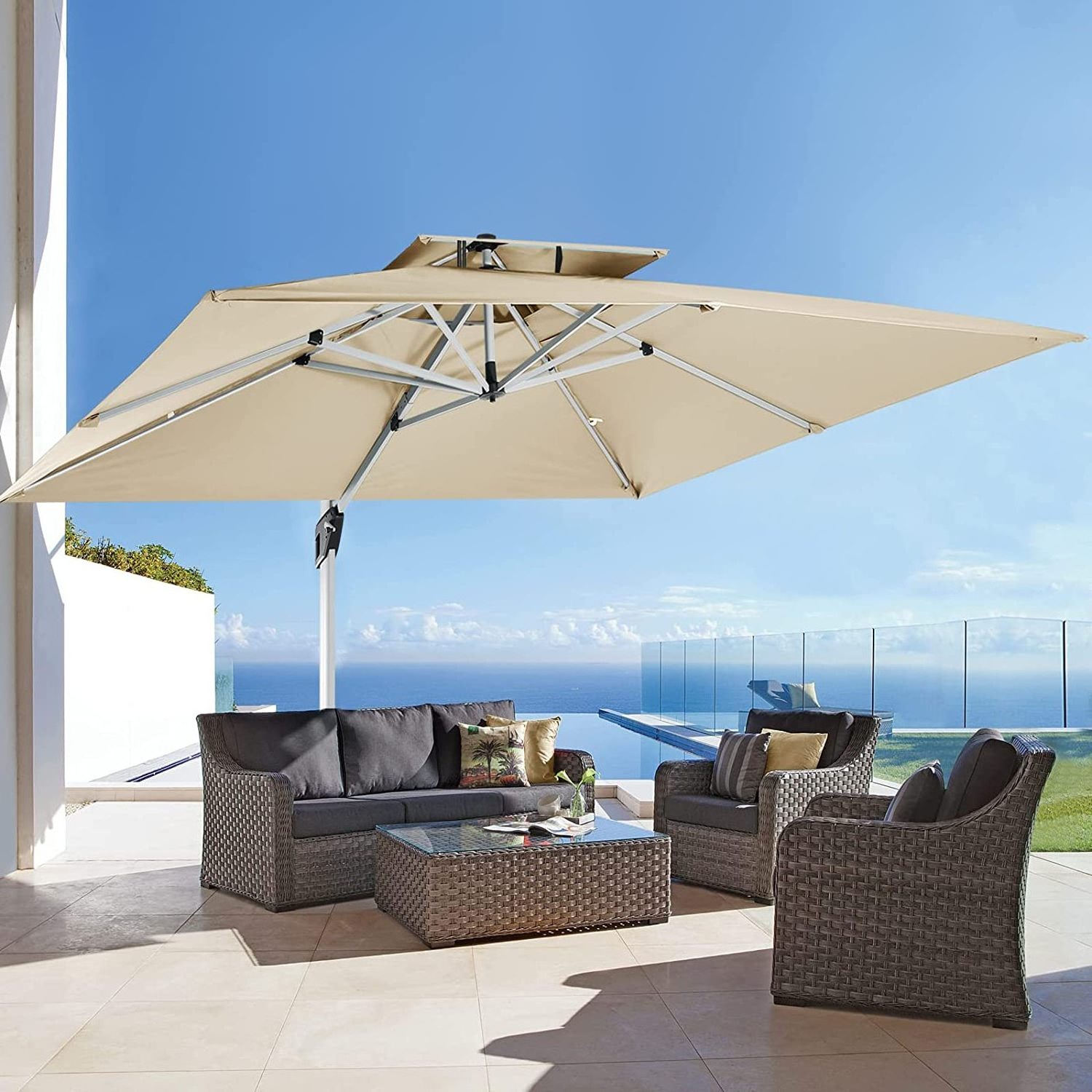 Pearl White Heavy Duty Parasol Rectangle Cantilever Roman Patio Umbrellas Goods Garden Aluminium Outdoor Leisure Contemporary 3M