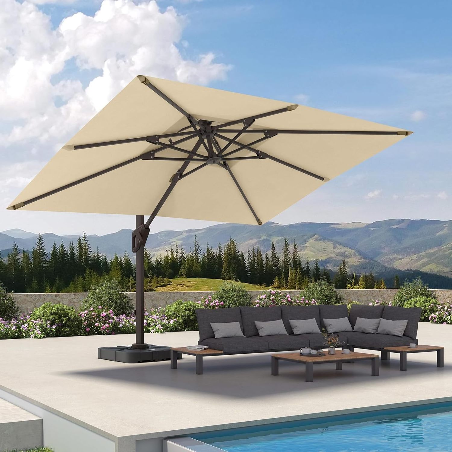 10ft Offset Cantilever Garden Led umbrella linhai Outdoor Parasol With Solar Lights