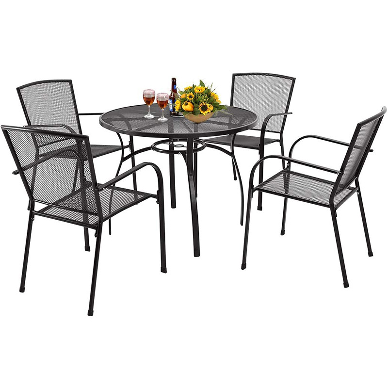 Garden Dining Set Table Set Stackable Arm Chairs with Round Table Umbrella Outdoor Furniture 5-piece Patio Metal Hole and 4 Iron