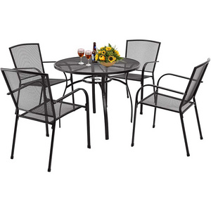 Garden Dining Set Table Set Stackable Arm Chairs with Round Table Umbrella Outdoor Furniture 5-piece Patio Metal Hole and 4 Iron