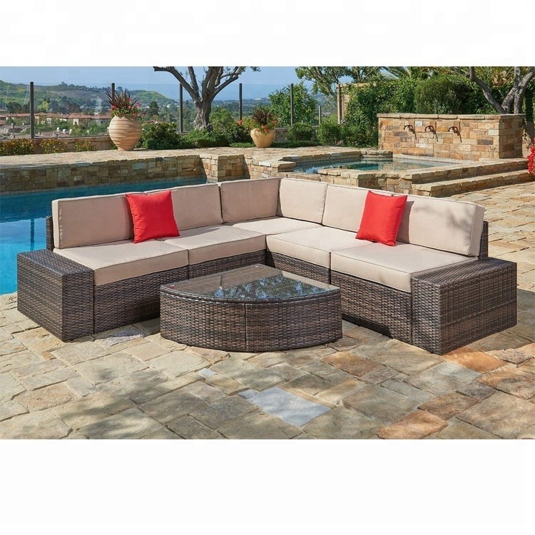 6 pcs rooms to go outdoor furniture rattan Wicker Furniture Sectional Sofa Set with Quarter Round Wedge Table