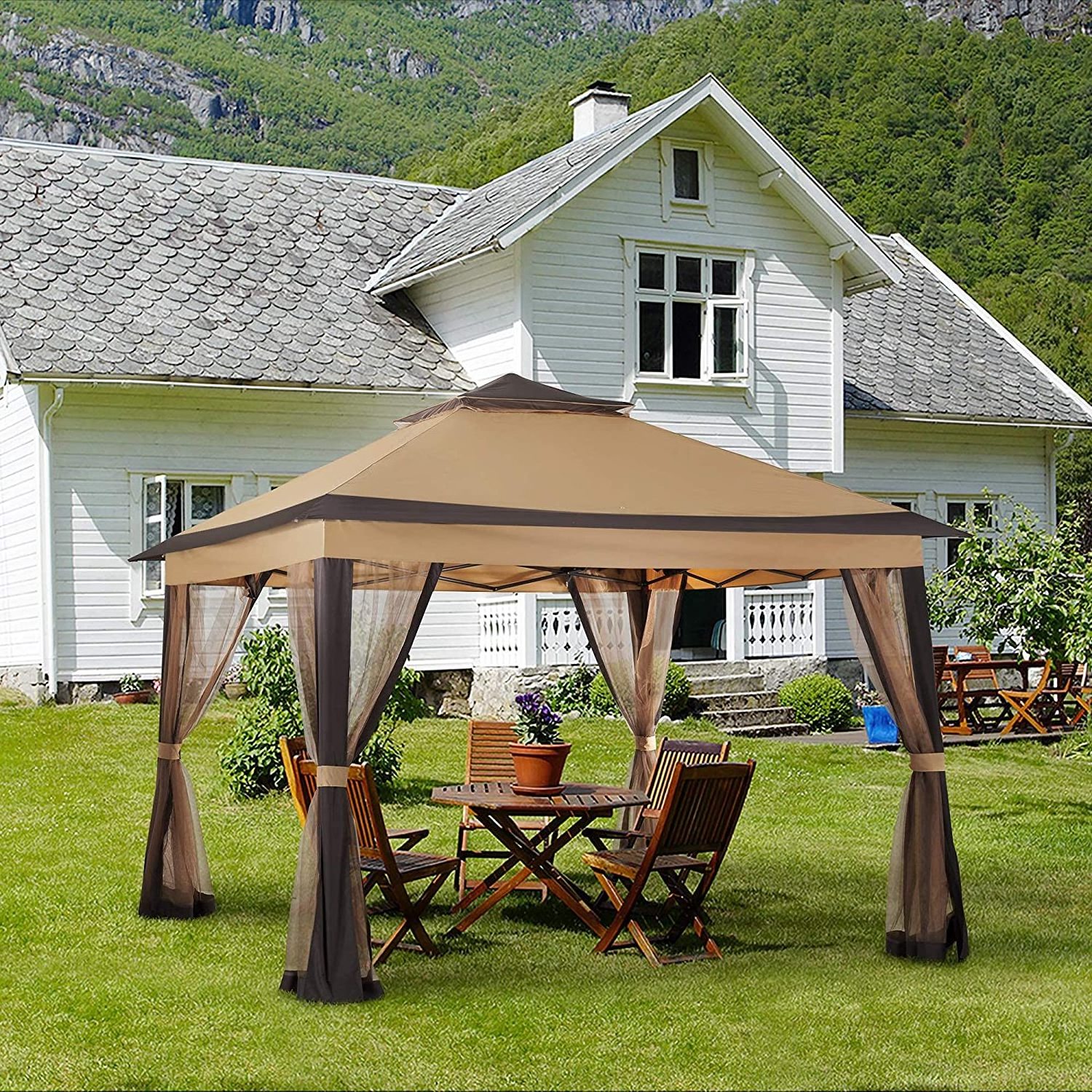 Folded Camping Tent Outdoor Garden Waterproof Soft Top Metal Frame Patio Gazebo Canopy With Mosquito Netting