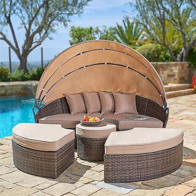 Outdoor Furniture General Use Round Sunbed Rattan Garden Canopy Daybed Canopy Bed Modern Contemporary Wooden Sofa Canopy Daybed