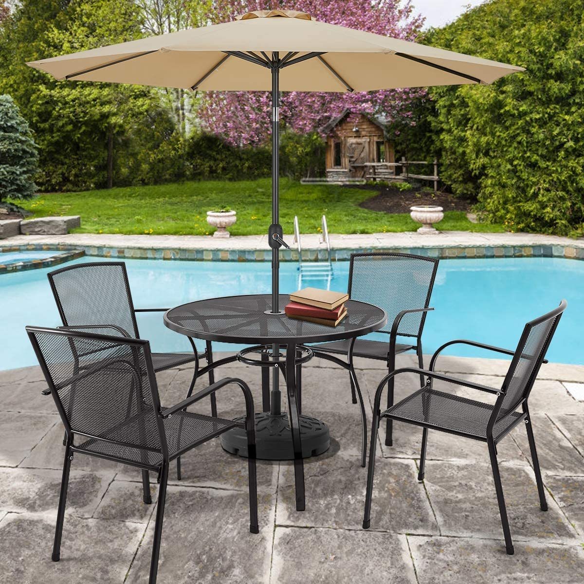 Garden Dining Set Table Set Stackable Arm Chairs with Round Table Umbrella Outdoor Furniture 5-piece Patio Metal Hole and 4 Iron