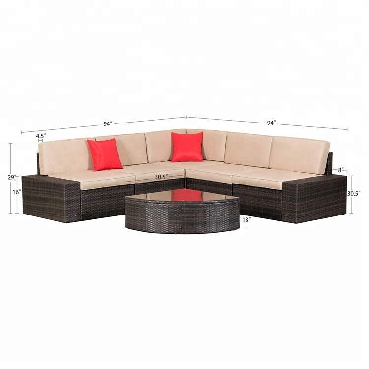 6 pcs rooms to go outdoor furniture rattan Wicker Furniture Sectional Sofa Set with Quarter Round Wedge Table