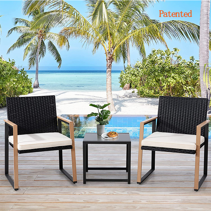 Patented Modern Black 3 Piece Outdoor Garden Bistro Patio PE Wicker Furniture Sets Patio Chair and Table Set