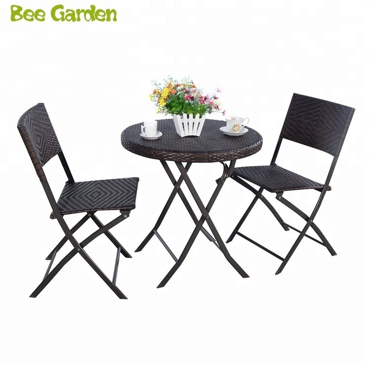 3PC Folding Round Table and Chair Bistro Set Rattan Wicker Outdoor Furniture