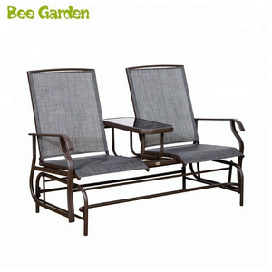 2 Person Outdoor Mesh Fabric Patio Double Glider Chair with Center Table