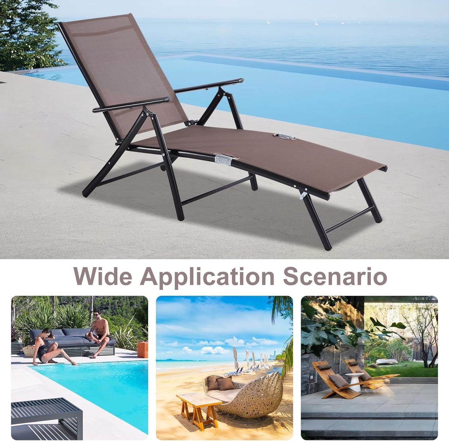 Outdoor Chaise Reclining Folding Pool Patio Lounger with Aluminum Portable Recliner for Lawn Garden Beach Yard