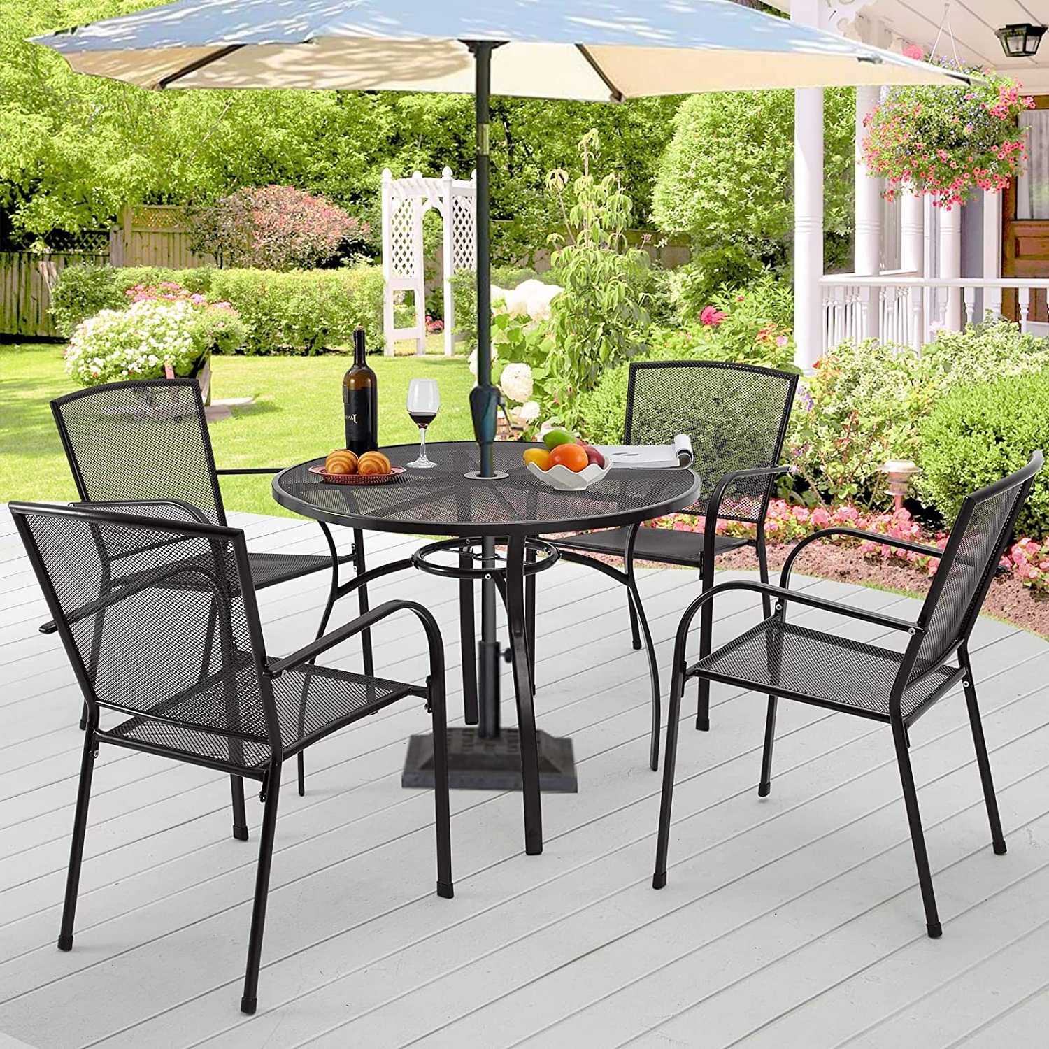 Garden Dining Set Table Set Stackable Arm Chairs with Round Table Umbrella Outdoor Furniture 5-piece Patio Metal Hole and 4 Iron