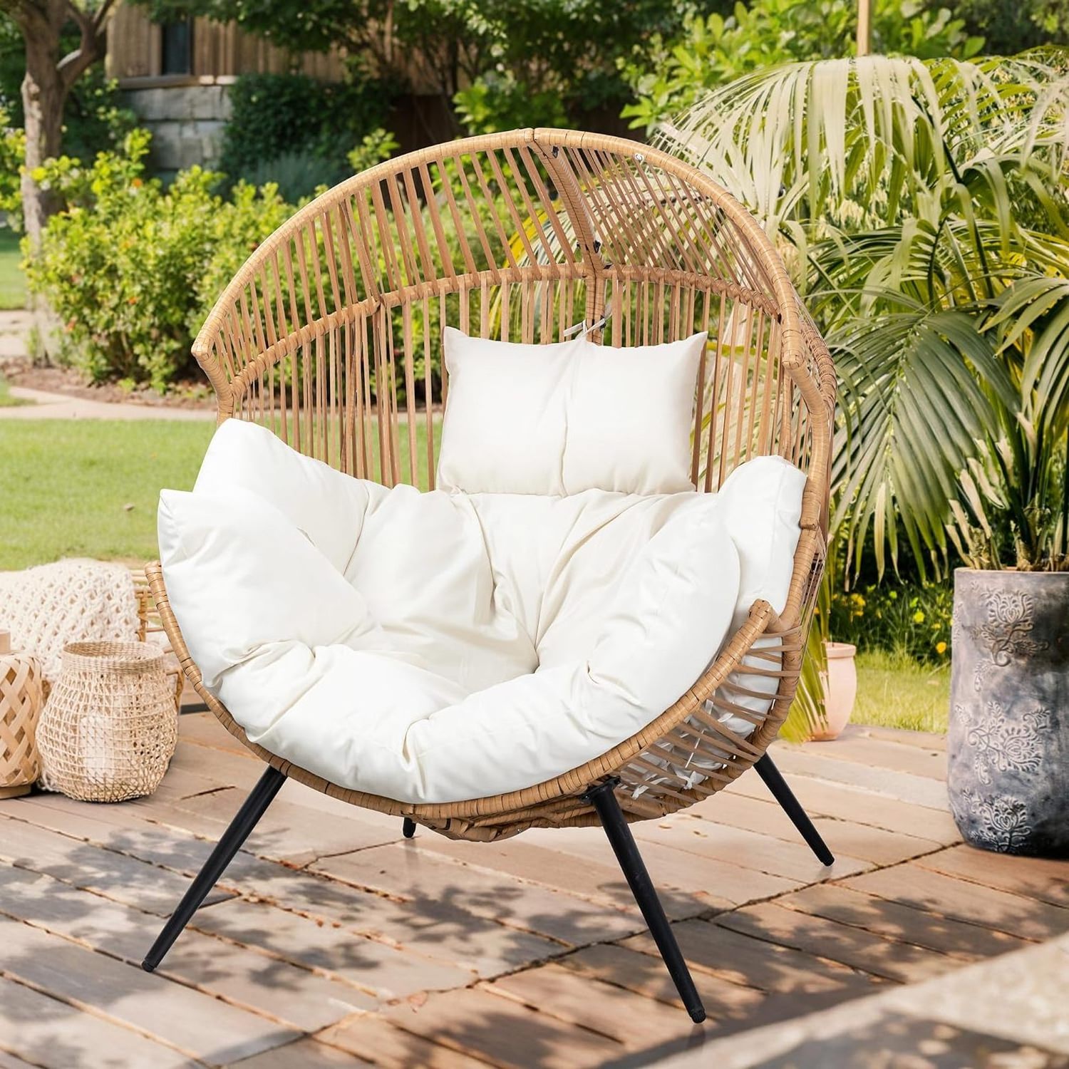 Oversized Patio Lounge Chairs Outdoor Indoor Balconies Backyard Garden Wicker Egg Chairs PE Rattan Chairs with Cushions Modern