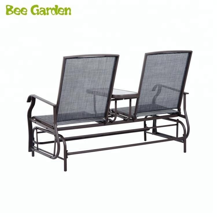 2 Person Outdoor Mesh Fabric Patio Double Glider Chair with Center Table