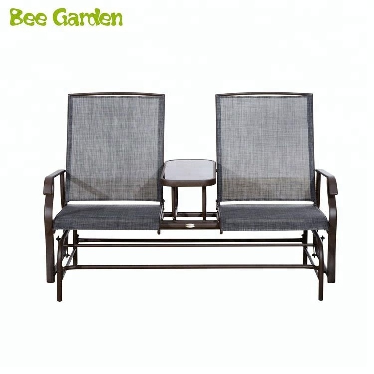 2 Person Outdoor Mesh Fabric Patio Double Glider Chair with Center Table