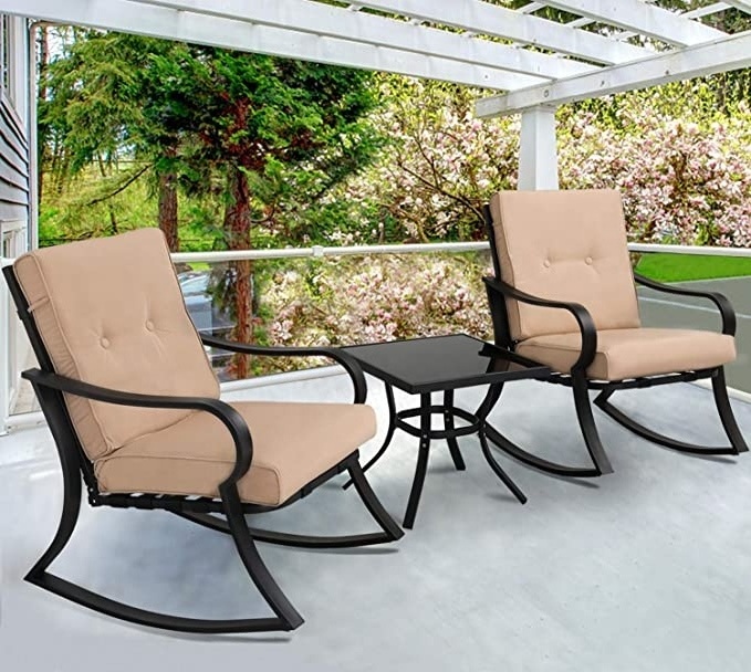 3Piece Outdoor patio furniture set garden Courtyard Leisure Table and Rocking Chair Set with Thickened Cushion