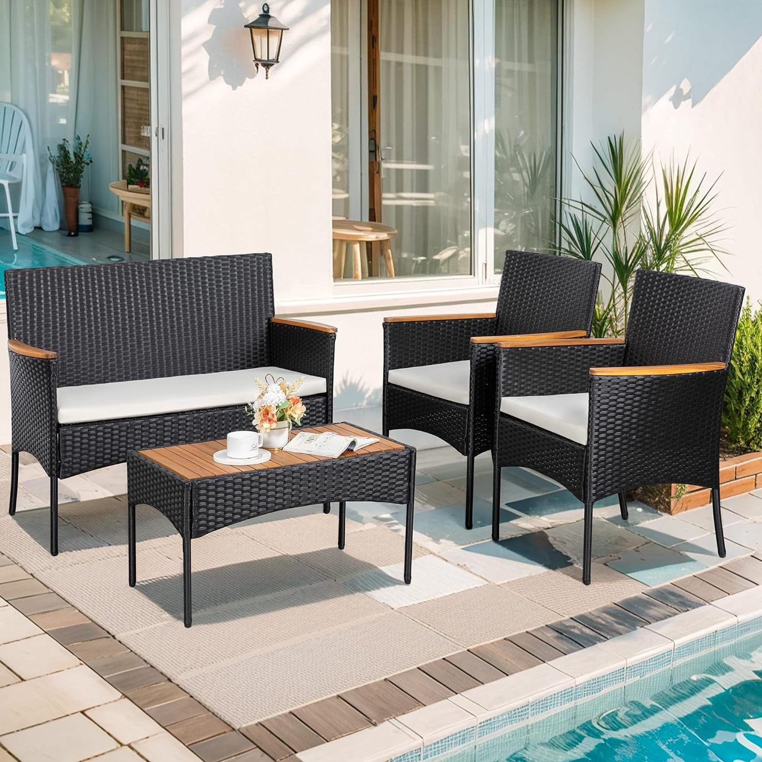 Outdoor Wicker Rattan Chairs Lawn Backyard Pool Garden Porch Balcony Patio Loveseat with Cushions and Table