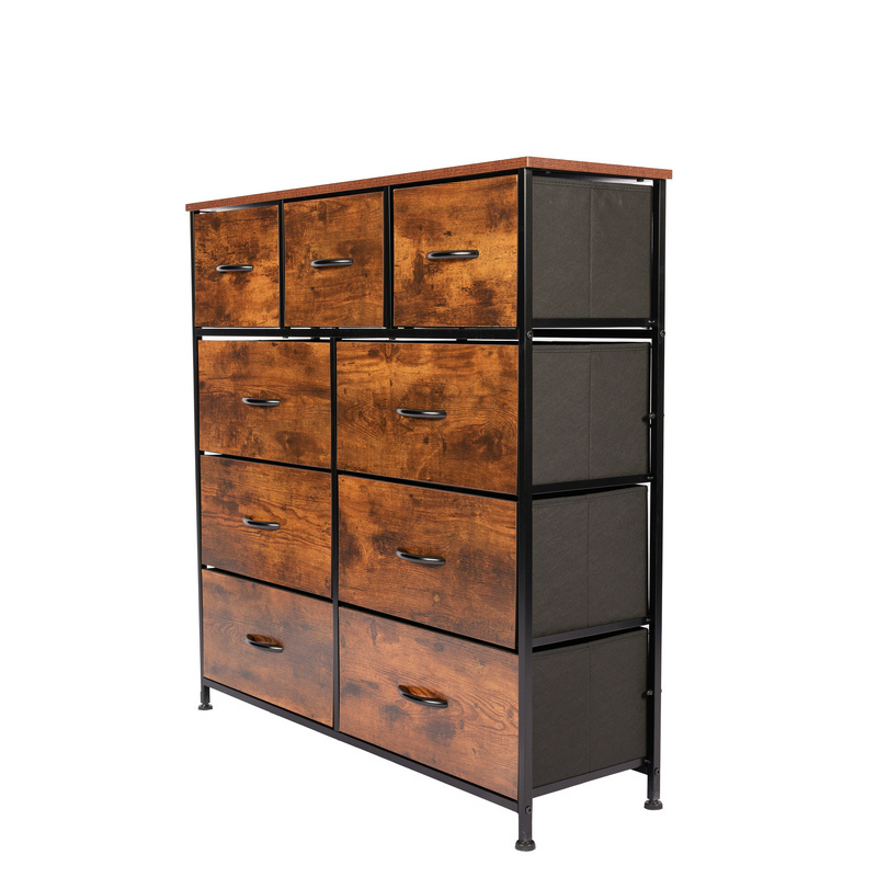 Dresser Storage Tower Drawers Bedroom Chest Foldable Non Woven Fabric with Wood Handle Brown Storage 