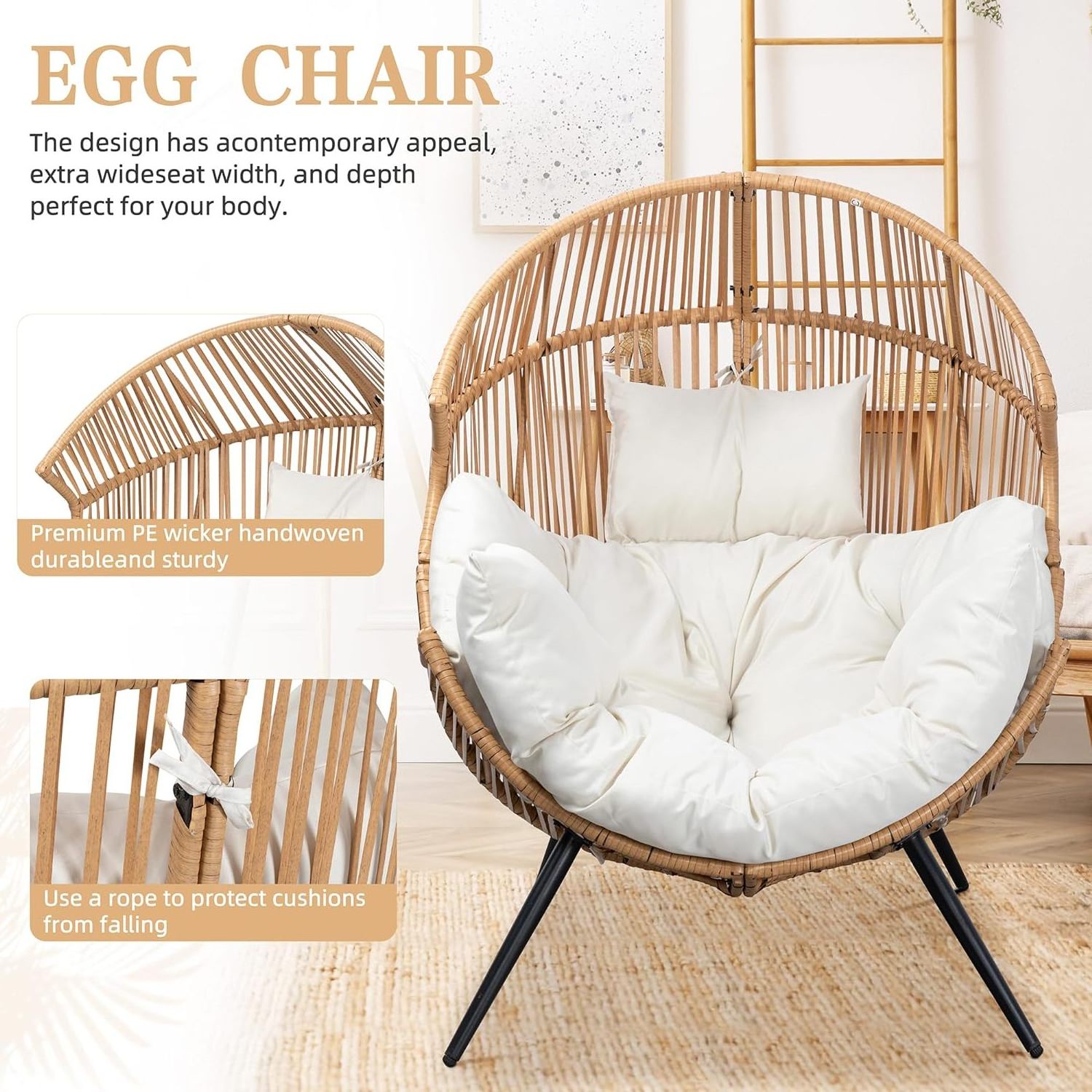 Oversized Patio Lounge Chairs Outdoor Indoor Balconies Backyard Garden Wicker Egg Chairs PE Rattan Chairs with Cushions Modern