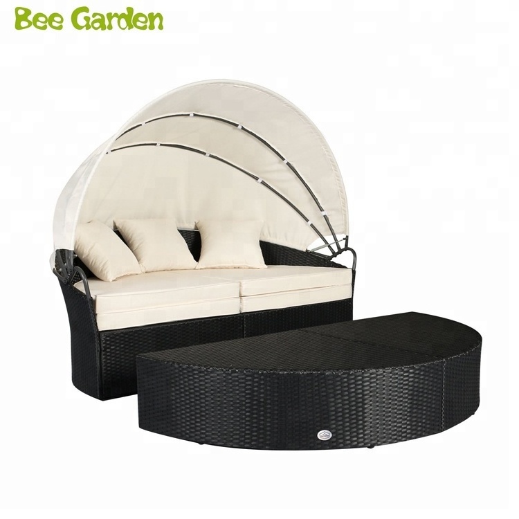 patio sofa Round Wicker Rattan Outdoor Daybed with Retractable Canopy