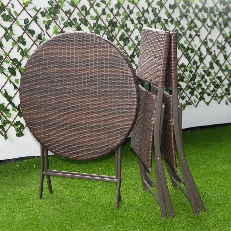 3PC Folding Round Table and Chair Bistro Set Rattan Wicker Outdoor Furniture