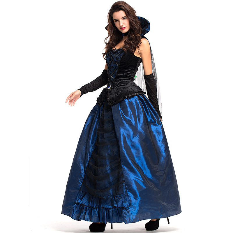 Adult Women Halloween Court Wizardress Evil Queen Of Vampire Medieval High Stand Collar Blue Gothic Gown Robe Dress For Ladies