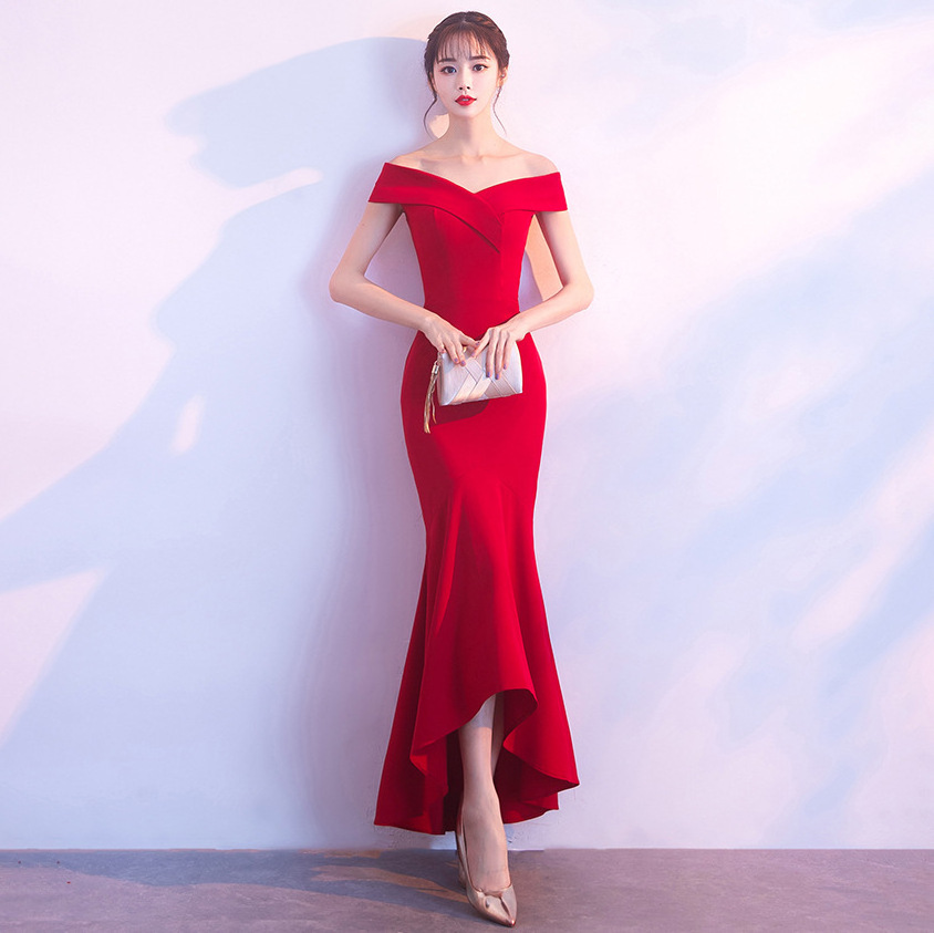 Bride Red Mid-long Marriage Korean Dresses Slim Evening Dresses