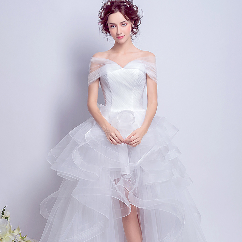 flat off shoulder short front long back plain pure white wedding dress fluffy gown