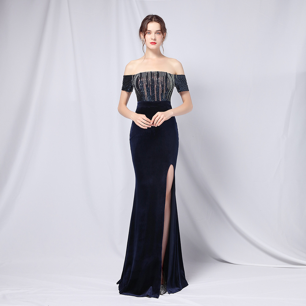 In Stock Women Velvet Tassel Mermaid Gowns  Prom Evening Dress