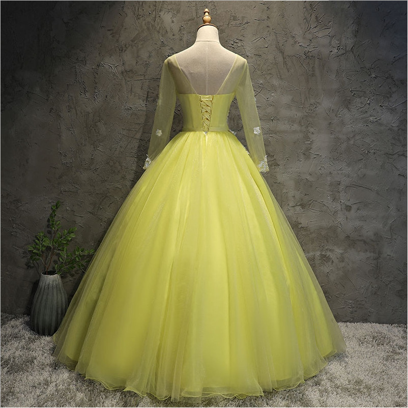 Western Style Homecoming Dress See Through Long Sleeves O-neck Ball Gown Quinceanera Dress Bright Yellow Women's Prom Dress