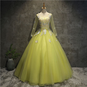 Western Style Homecoming Dress See Through Long Sleeves O-neck Ball Gown Quinceanera Dress Bright Yellow Women's Prom Dress