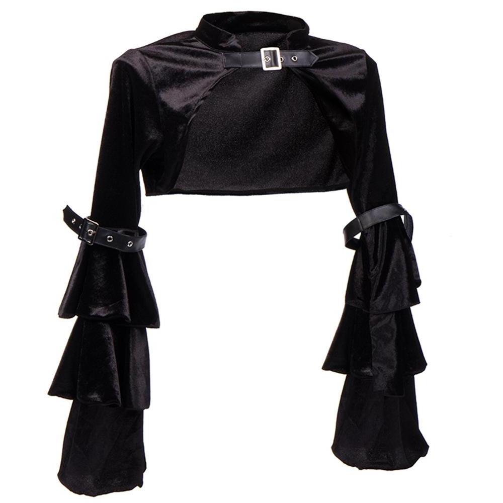 Black Flannel Ruffle Long Sleeve With Belt Steampunk Jacket Women Gothic Bolero Coat Outwear Sexy Corset Burlesque Accessories