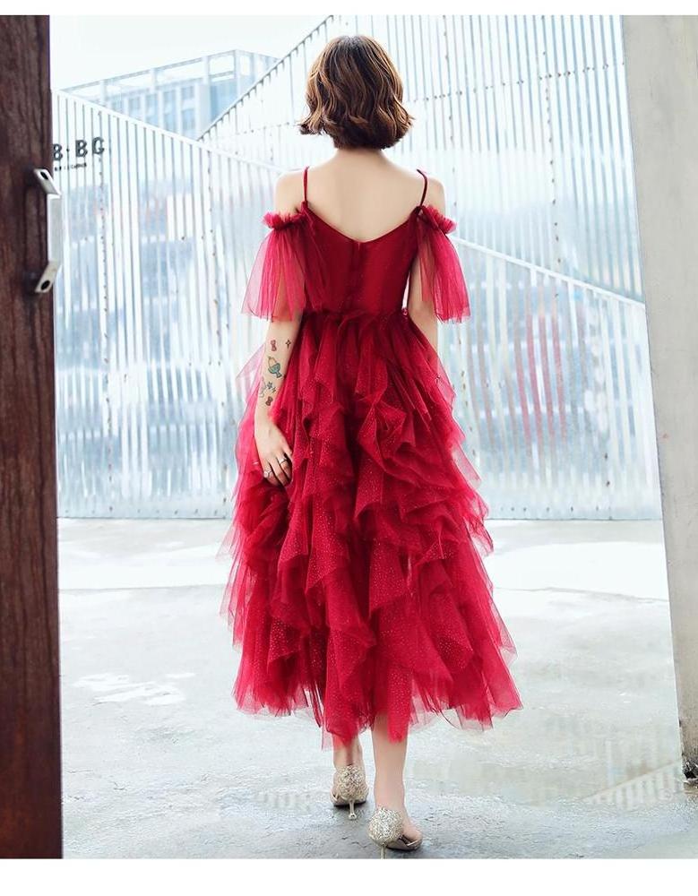 Ruched Ruffles Burgundy Tulle Brazilian Casual Wear Best Dress for Farewell Party