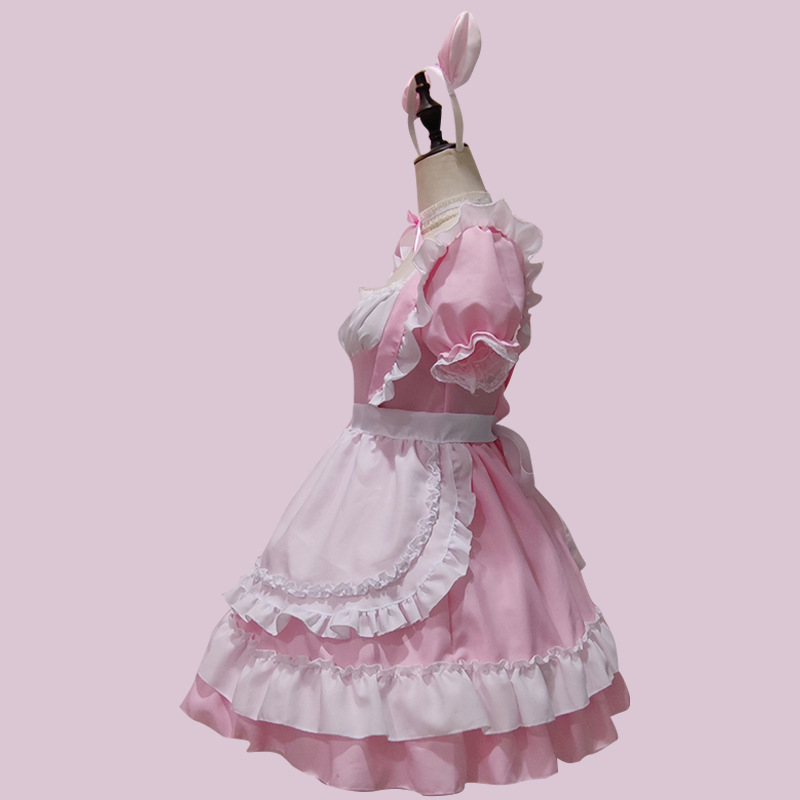 Japanese Kawaii Coffee Waitress Women Sweet Lolita Anime Bunny Girl Maid Cosplay Costumes Pink Bow Party Princess Dress