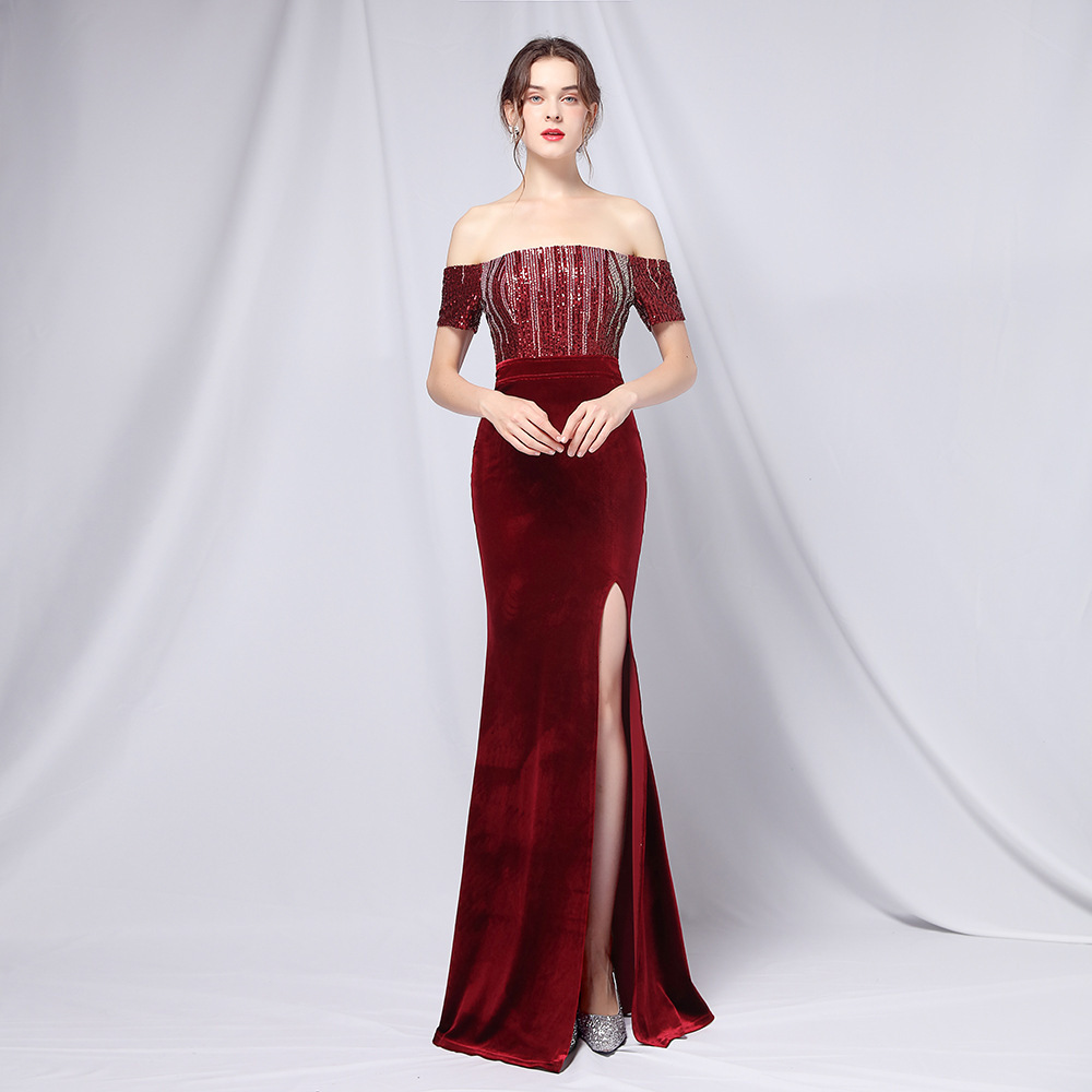 In Stock Women Velvet Tassel Mermaid Gowns  Prom Evening Dress