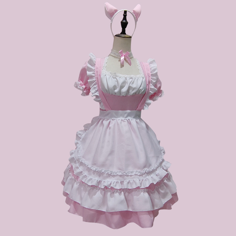 Japanese Kawaii Coffee Waitress Women Sweet Lolita Anime Bunny Girl Maid Cosplay Costumes Pink Bow Party Princess Dress